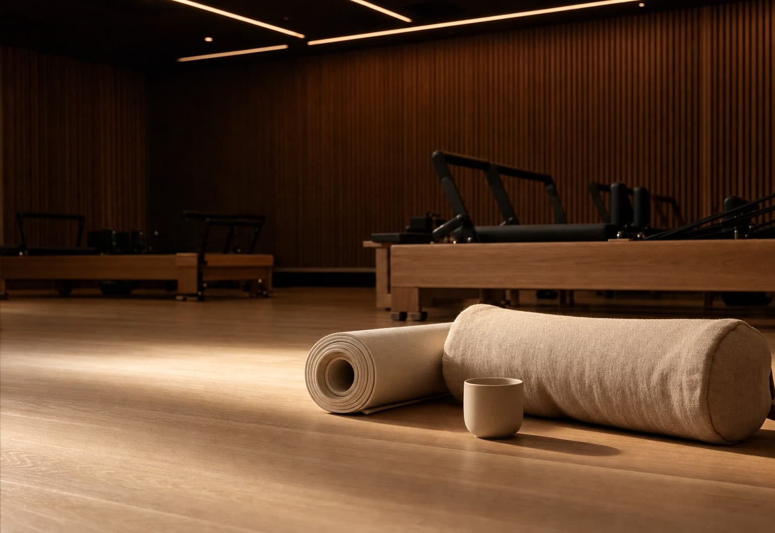 Mat enrollado, bolster de lino y una cerámica sobre el piso de madera del estudio