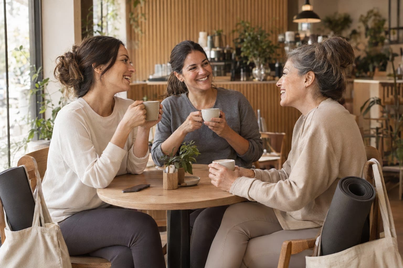 Tres amigas de distintas edades riendo con un café después de clase
