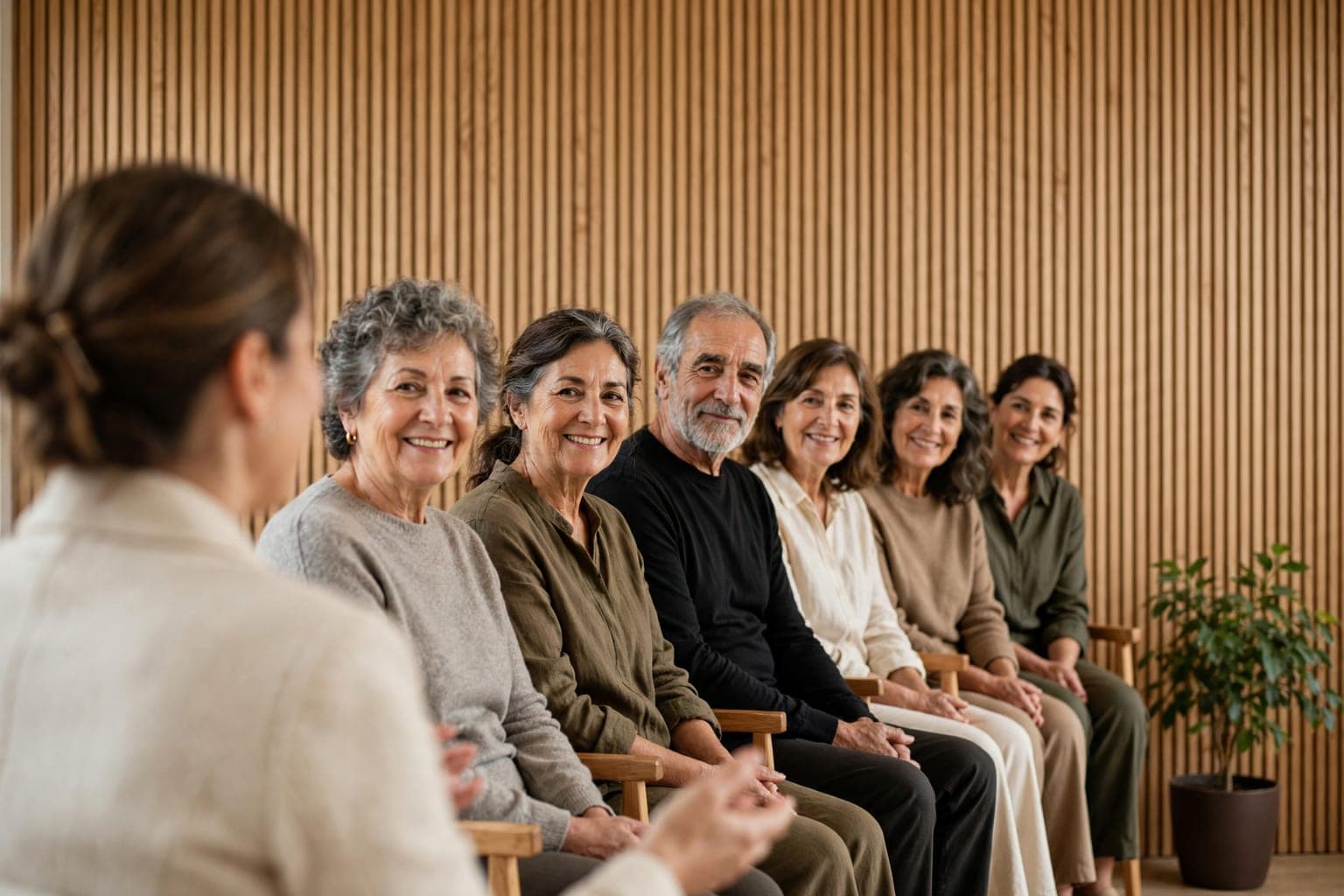 Grupo de personas mayores escuchando con atención una charla de salud en un salón luminoso