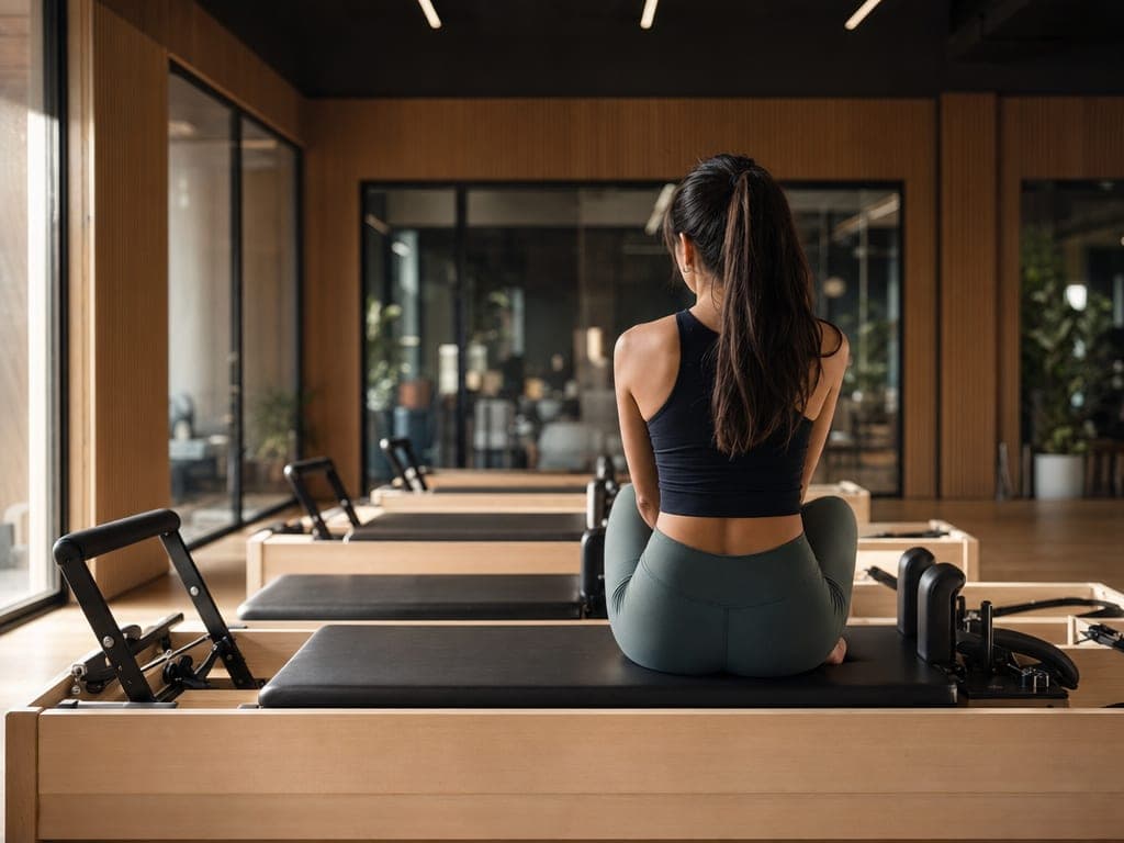 Alumna joven sentada en el Reformer frente al ventanal